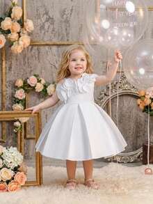 Baby Girls Asymmetrical Shoulder Solid Color Flower Beaded Bow Satin Elegant Birthday Party Dress, Suitable For Flower Girl Wedding, Headband Not Included - White - View 6
