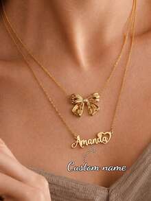 Collar de acero inoxidable minimalista de alta gama personalizado de doble capa apilable y versátil, nuevo collar creativo con lazo, collar de letra personalizado hecho a mano estilo bohemio, regalo de cumpleaños, boda, aniversario, Acción de Gracias, Navidad, Año Nuevo para mujeres - Dorado - Ver 2