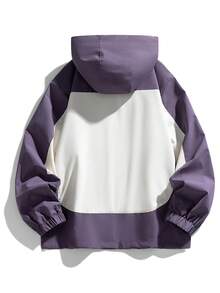 Men's Purple & White Colorblock Hooded Jacket, Full Zip Drawstring Hood, Multiple Zipper Pockets, Elastic Cuffs, Loose Casual Top - Purple - View 3