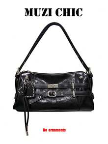 Black Motorcycle Style Rectangular Shoulder Purse, Double Belt Metal Buckle Detail Adjustable Single Strap Small PU Crossbody Bag For Daily Dating - Black - View 7