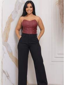 Faraya Jeans Women's Black Tailored Wide-Leg Trousers High-Waisted With Front And Back Pockets - black2 - 查看 4