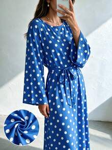 1pc Women's Polka Dot Dress, Wide Sleeves, Self-Tie Waist, Flowy French Style, Casual Commute Dress - Multicolor - View 28