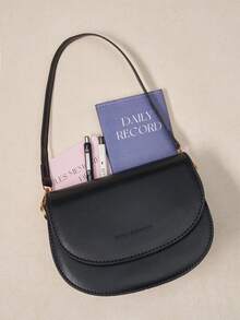 Okurime. Letter Pattern Saddle Bag, Fashionable Solid Color Crossbody Bag, Women's Small Flap Wallet - Black - View 1