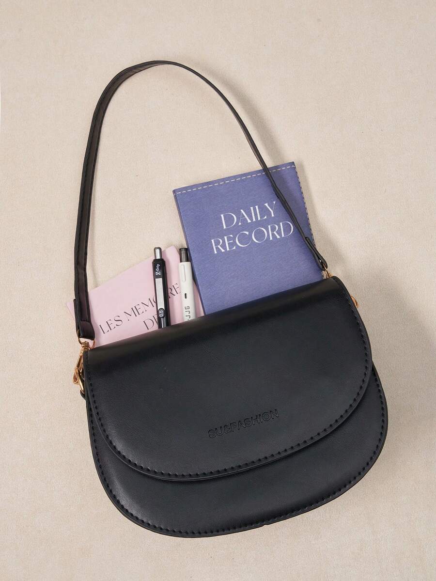 Okurime. Letter Pattern Saddle Bag, Fashionable Solid Color Crossbody Bag, Women's Small Flap Wallet - Black - View 1