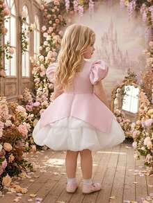 Baby Girls Square Neck Pleated Organza Satin Cute Flower Girl Bud Princess Dress Suitable For Birthday Party, Headband Not Included - Dusty Pink - View 6