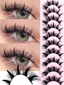 New 10Pairs Manga Eyelashes Natural Spiky Mink Lashes Natural Curl Full Strip Faux Mink Lash Spikes Wispy Thick Soft Fake Lashes Extension Makeup - 黑色 - 查看 2
