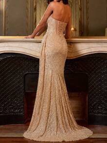Fashionable Sexy Backless Strapless Sequin High Waist Ruched Tie-Up Back High Slit Fitted Maxi Dress Champagne Summer Evening Gown - Champagne - View 6