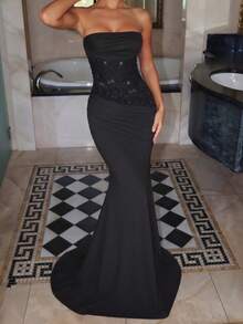 Women's Strapless Shiny Elegant Waist-Cinching Ball Gown Dress - Black - View 5