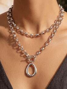 17KM 1pc Simple Fashion Exaggerated Geometric Pendant Long Necklace, Women's Sister Vacation Date Gift, Daily Casual Party Wedding Outfit - Silver - View 2