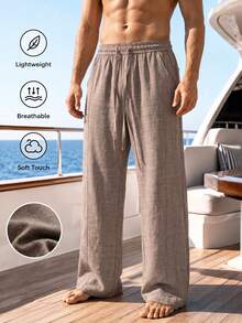 1pc Brown Faux Linen Textured Men's Long Pants, Men's Textured Wide Leg Long Pants, Men's Pants, Lightweight Breathable Fabric Loose Casual Fit, Vacation Style, Summer Beach Men's Casual Pants, Machine Washable, Suitable For Daily, Vacation, Beach And Multiple Occasions - Coffee Brown - View 4