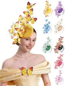 1 chiếc mũ cài tóc Fascinator hình bướm Monarch đính lông vũ, băng đô cài đầu dự tiệc trà cho đám cưới - A - Xem 1