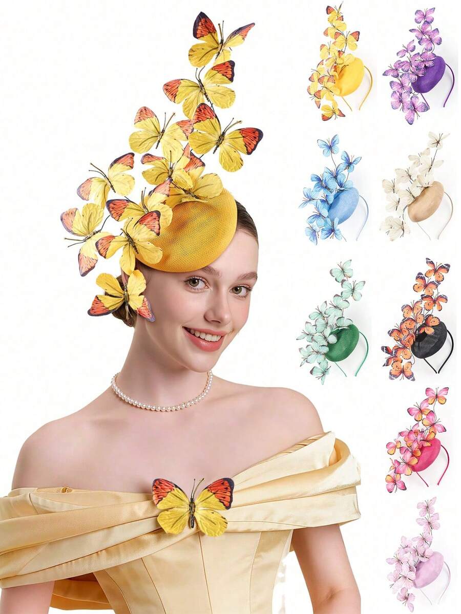 1 chiếc mũ cài tóc Fascinator hình bướm Monarch đính lông vũ, băng đô cài đầu dự tiệc trà cho đám cưới - A - Xem 1