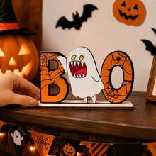 Halloween Tischdekoration: Cartoon Geist und Kürbis 3D Holzdisplay-Geisterfestival Heim-Esszimmertisch Ornament Cartoon Hexenhut, Geist und Kürbis Holz Tischdekoration-Halloween Dekoration mit "BOO" Buchstaben Holzschild - Halloween-Dekoration BOO Holzschild Tischaufsteller - Übersicht 4