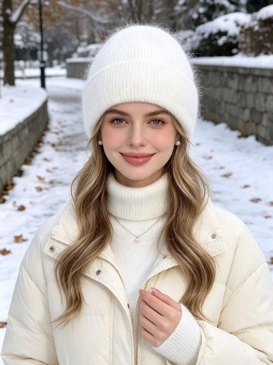 1pc Women's Casual Knitted Beanie, Double Layer Folded Thickened Skull Cap, Girls Skull Knit Hat, Autumn/Winter Warm Travel Outfit, Campus - Multicolor - View 1