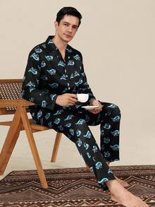 Men's Spring/Autumn Cardigan Faux Silk Pajama Set, Premium Long Sleeve Long Pants Comfortable Loungewear - Multicolor - View 2