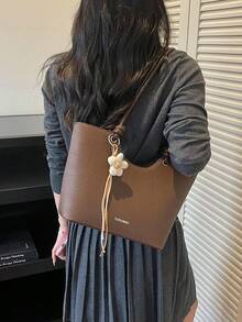 女款肩背托特包，大容量，極簡咖啡色，可愛溫柔優雅花卉飾品，適合購物與通勤 - 咖啡 - 查看 7