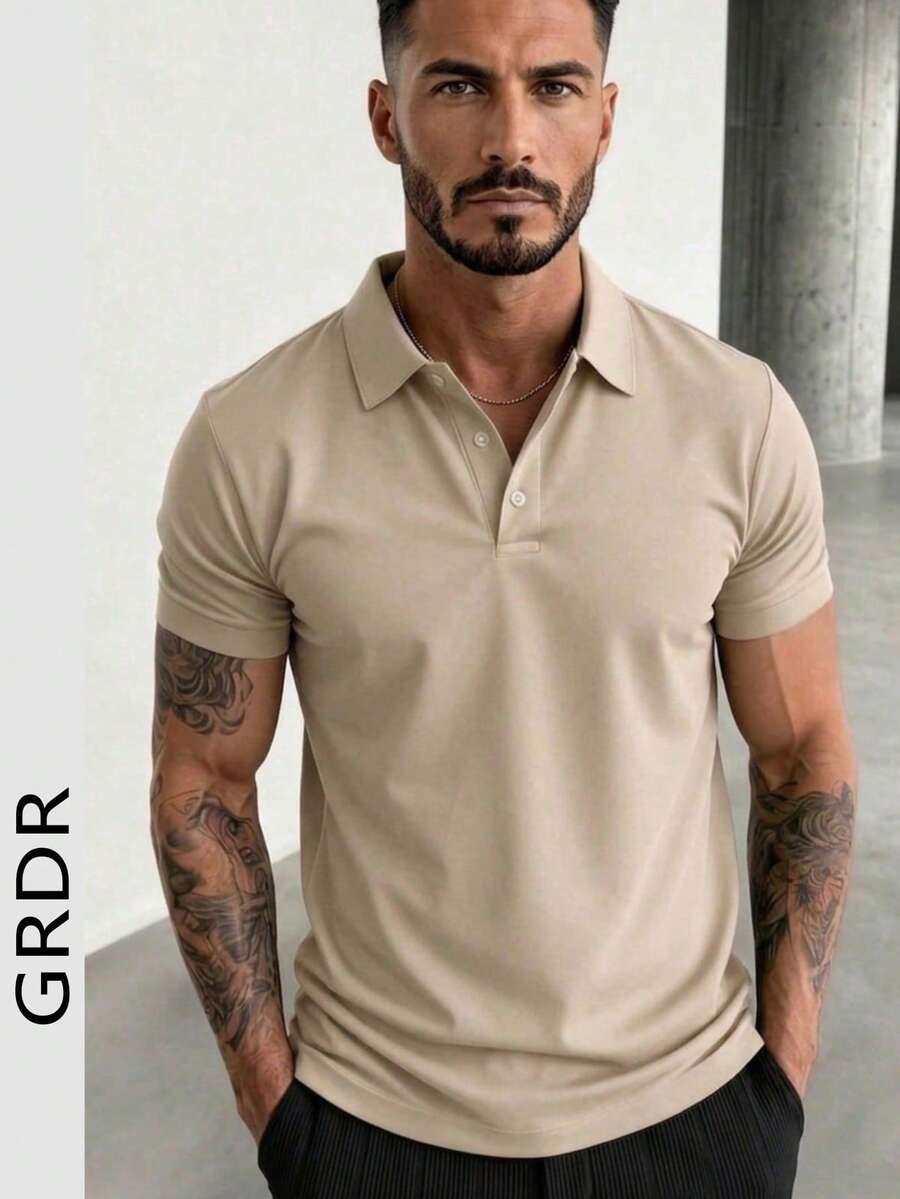 GRDR 男士时尚短袖休闲通勤 Polo 衫 - 杏色 - 查看 1