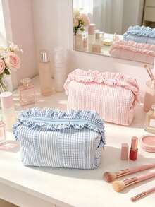 Cute Ruffle Lace Makeup Bag, Women & Girls, Vintage Striped Polka Dot Cosmetic Organizer, Travel Toiletry Bag, Suitable For Daily Use, Vacation And Dorm Storage - Multicolor - View 11