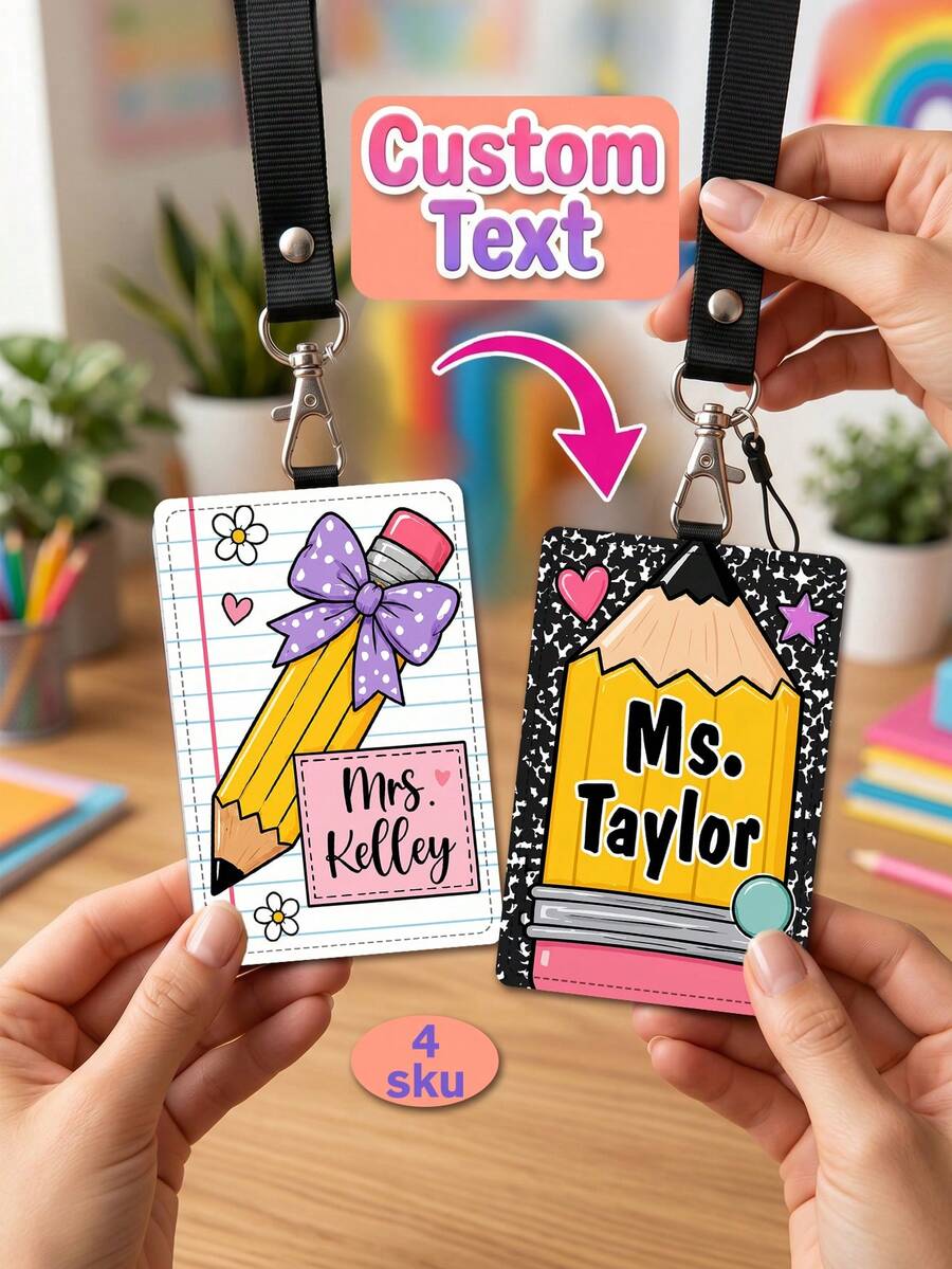 1pc Custom Teacher Name ID Card Cover,Pencil Apple Crayon Pattern ,Teacher Appreciation Gift,Back To School,Work Name Tag,School Supplies,Trip Tag - Multicolor - View 1