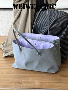 Tas Tote Serut Warna Ungu Muda, Tas Bahu Kapasitas Besar dari Nilon Lembut Tahan Kerut dengan Penutup Kancing Jepret, Tas Belanja Harian - Grey - View 3