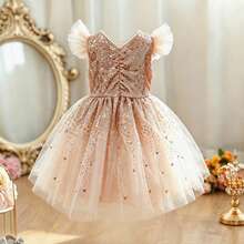 Girls' Flutter Sleeve Sequin Top Star Glitter Princess Dress, Flower Girl Birthday Wedding Party Formal Dress - Gold - View 2