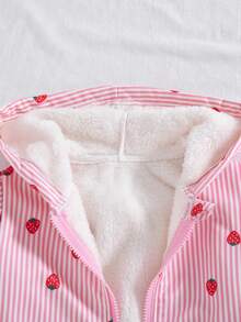 Girls' Casual Fashion Striped Strawberry Print Zipper Thick Hooded Jacket, Autumn/Winter - Pink - View 4