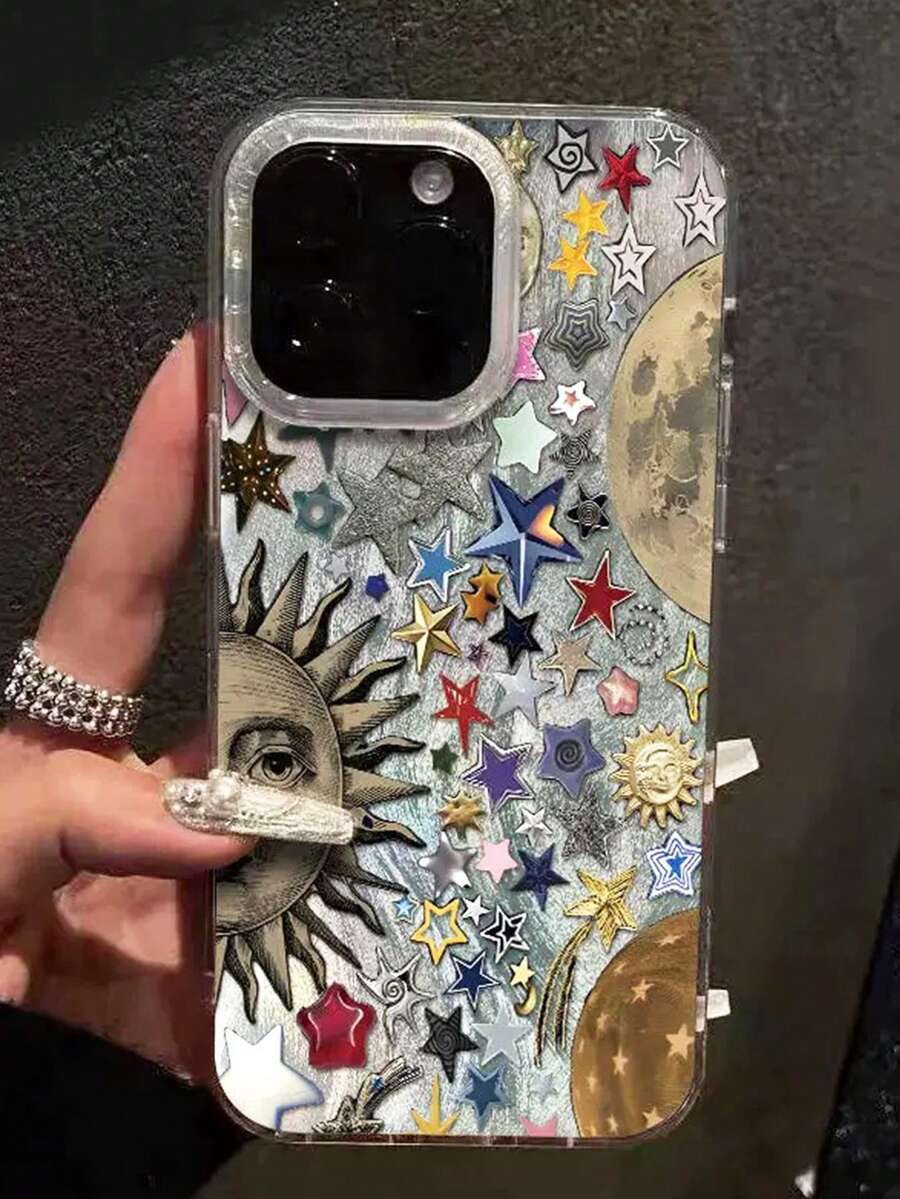 1PC Ins Sun & Star IMD Full Coverage Shockproof PC Phone Case Compatible With Apple 11 Pro Max/12 Pro Max/13 Pro Max/14 Pro Max/15 Pro Max/16 Pro Max/17 Pro Max - Multicolor - View 1