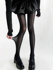 STAR RIVER Autumn/Winter White Sweet Lolita Vertical Stripe Lace Tights, Vintage JK Hollow Out Mesh Stockings - Multicolor - View 9