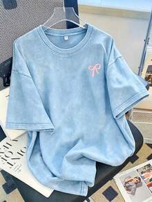 Women Vintage Washed Tee, 230G Thick Oversized Crew Neck Short Sleeve, Retro Street Loose Fit Casual Top For Spring Summer Machine Washable Daily Wear - 淺藍色 - 查看 9