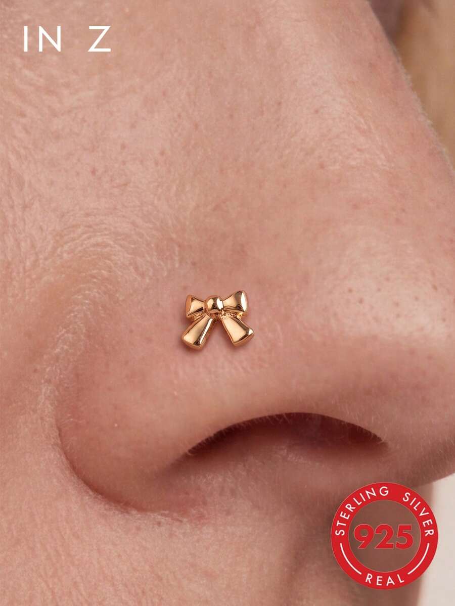 1pc S925 Sterling Silver 3D Bow Nose Stud - Gold Plated Hypoallergenic - Nose Ring/Nose Jewelry/Gold Nose Ring/Silver Nose Ring/Nose Ring/Cartilage Ring/Tragus Ring/Ear Cartilage Ring/Small Earring - Suitable For Daily Wear - Bow Nose Stud - View 1
