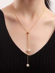 RAYQUEEN 1pc Stainless Steel Minimalist Long Snake Chain Faux Pearl Pendant Necklace, Versatile Sweater Chain For Women, Suitable For Daily Wear - Long Necklace - View 2