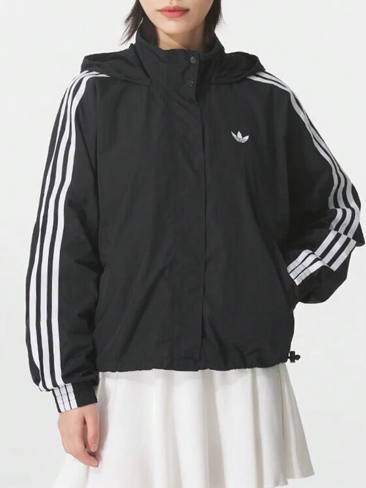 Adidas Originals Women's 3S Windbreaker Jacket Woven Hooded Outerwear JX1451 - Black - View 1