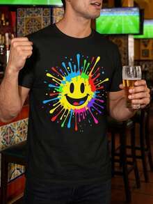 Men's T-Shirt With Neon Painted Face Design - Lightweight, Round-Neck T-Shirt, Machine Washable, Suitable For Various Uses. - 黑色 - 查看 1