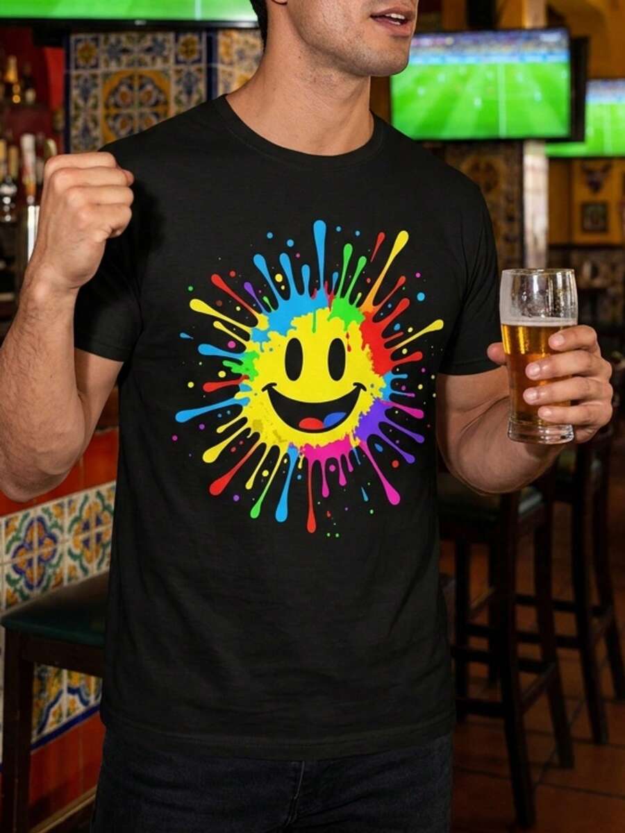 Men's T-Shirt With Neon Painted Face Design - Lightweight, Round-Neck T-Shirt, Machine Washable, Suitable For Various Uses. - 黑色 - 查看 1