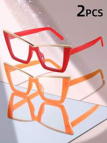 2 Pairs Cute Cat Eye Shaped Metal Frame Transparent Lens Regular Glasses For Women Street Photography Daily Use - Clear - View 20