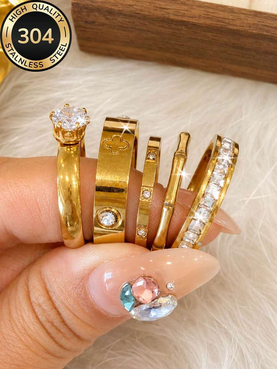 5pcs/Set 18k Gold Plated Women's European & American Style Elegant Stainless Steel Stackable Rings Set, Suitable For Daily Commute, Promise/Engagement/Wedding, Party, Banquet And Other Occasions, Mother's Day, Valentine's Day, Halloween, Christmas Gift For Girlfriend, Best Friend, Classmate