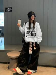 American Vintage Portrait Letter Print Lazy Crew Neck Sweatshirt For Women, Autumn/Winter Casual Versatile Unique Top - Gray - View 4