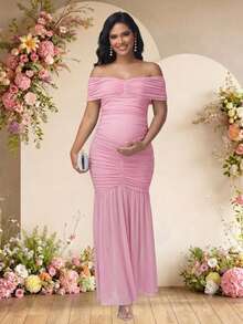 JustVH Elegant Maternity Open Shoulder Ruched Fitted Mermaid Skirt, Suitable For Baby Shower, Photoshoot, Evening Party, Autumn Wear Fall - Baby Pink - View 5