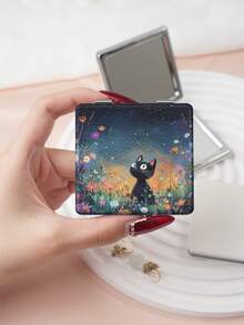 1PC Pastoral Cat Pet Series Portable Foldable Lightweight Ultra-Thin Convenient Durable PU Leather Suitable For Multiple Scenarios All People Foldable Small Square Mirror Portable Fresh Moon Heart Flower Cat Pattern Design Exquisite Delicate Foldable Structure Durable Reliable Drop-Resistant Easy To Carry Handheld 180° Flip Cover Multi-Functional Daily Holiday Birthday Valentine's Day - Multicolor - View 7
