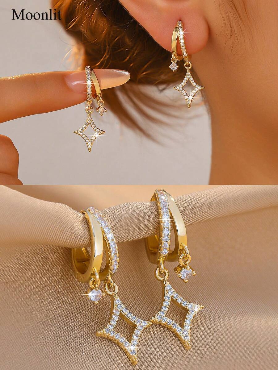 1 Pair Minimalist Luxury Double Star Earrings, Gold-Plated Wide Zirconia Women's Earrings, Unique Design Suitable For Work/Party - Double Geometric Earrings - View 1