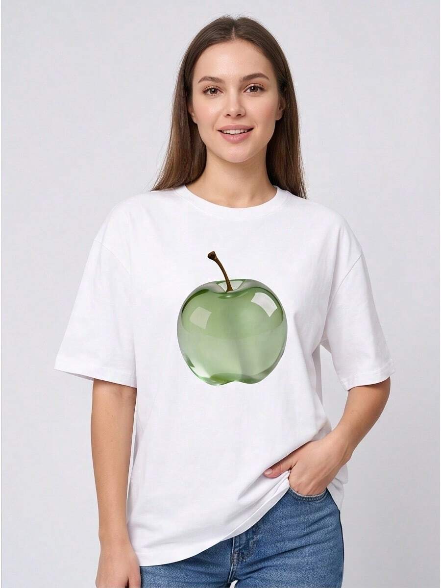 Women Lightweight Round Neck Inspirational Casual T-Shirt For Spring Summer, Fancy Design With Green Glass Apple Ornament Pattern - 白色 - 查看 1