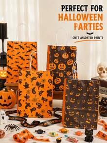 1pc/4pcs/6pcs/8pcs Halloween Paper Gift Bags, 4 Mixed Designs: Pumpkin Jack-O'-Lantern, Bat, Black Cat And Spider Web Print Candy Bags, With Handles, Horror Party Favor Bags, Suitable For Candy, Cookies, Small Gifts, Reusable - Halloween Tote Bag - View 2