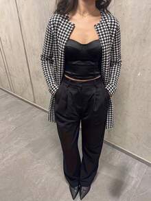 Cardigan Panjang Rajut Motif Houndstooth untuk Wanita, Kerah Bulat Lengan Panjang, Cocok untuk Dipakai di Musim Gugur/Musim Dingin - MultiWarna - View 3