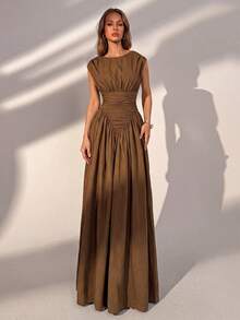 Elegante y Chic Vestido Maxi Línea A con Manga Corta, Fruncido y Cintura Retorcida en Color Marrón para Vacaciones, Fin de Semana, Citas, Fiestas, Otoño y Salidas - Marrón - Ver 11