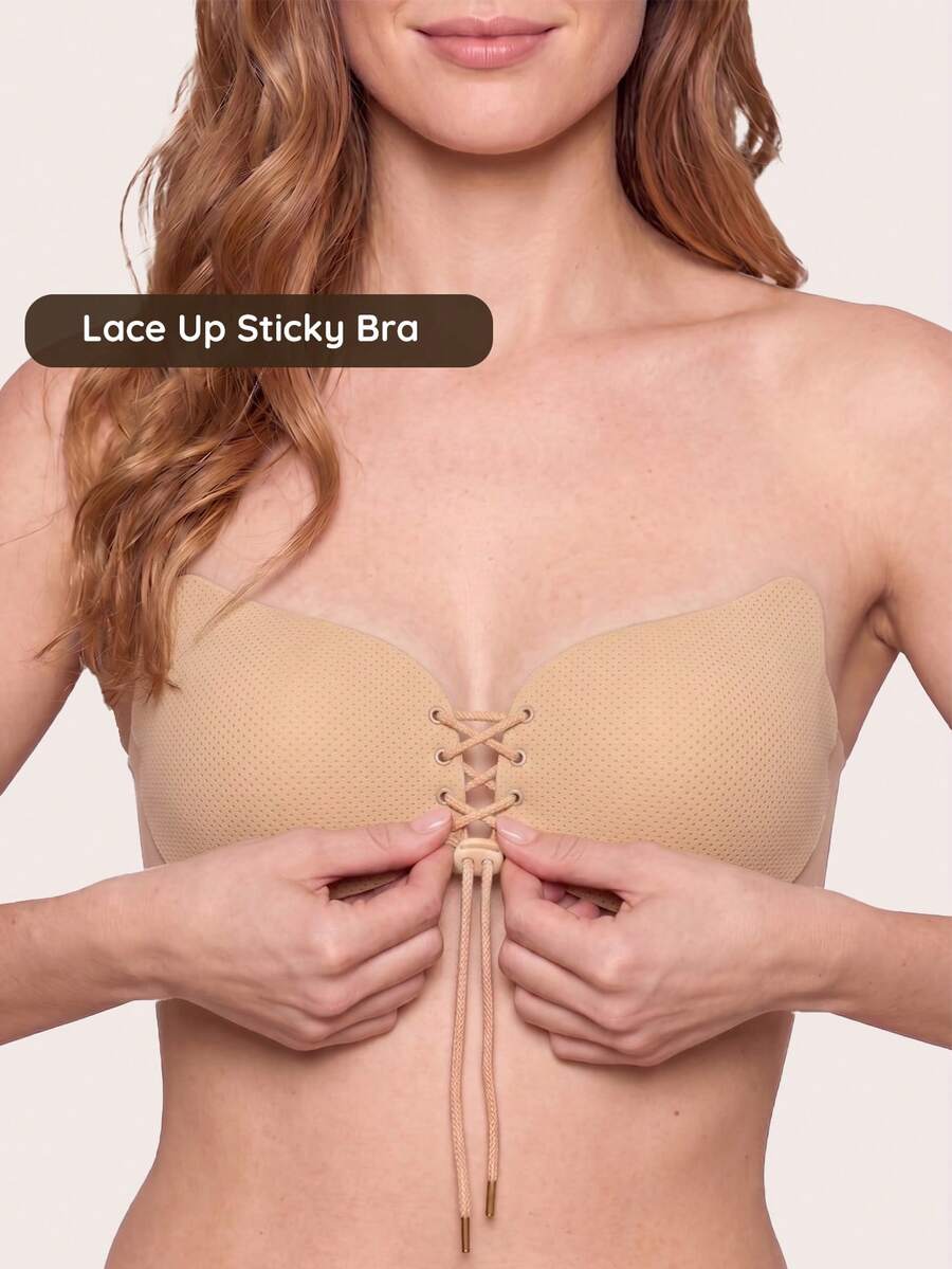 Lignisse Strapless Backless Adhesive Bra, Reusable Lace Up Sticky Bra, Invisible Silicone Push Up Bra, Self Adhesive No Show Bra For Wedding Dress - Multicolor - View 1