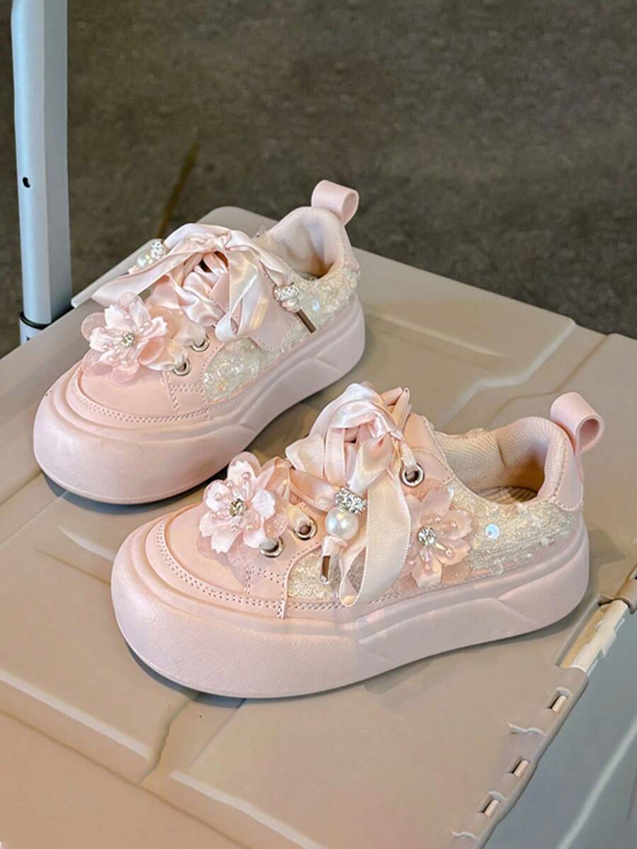 1 Pair Children's Casual Sneakers With Floral Pearl Ribbon Bow, Soft Light Pink Colorway And Delicate Decor - Pink - View 1