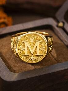 1件男士時尚個性精緻花卉圖案字母M設計戒指，婚禮訂婚派對珠寶禮物 - 金色 - 查看 11