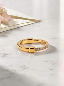 1pc Elegant Fashion Gold Half-Circle Rhinestone Ring, High-End Vintage, Suitable As A Beautiful Gift For Women On Holidays - Gold - View 2