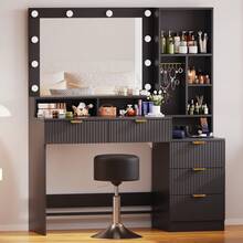 Devoko Modern Vanity Table With Mirror, LED Lighting With 3 Color Modes, 5 Drawers, Open Shelves, Jewelry Hooks And Integrated Power Outlet, Dressing Table For Bedroom, Black - View 1