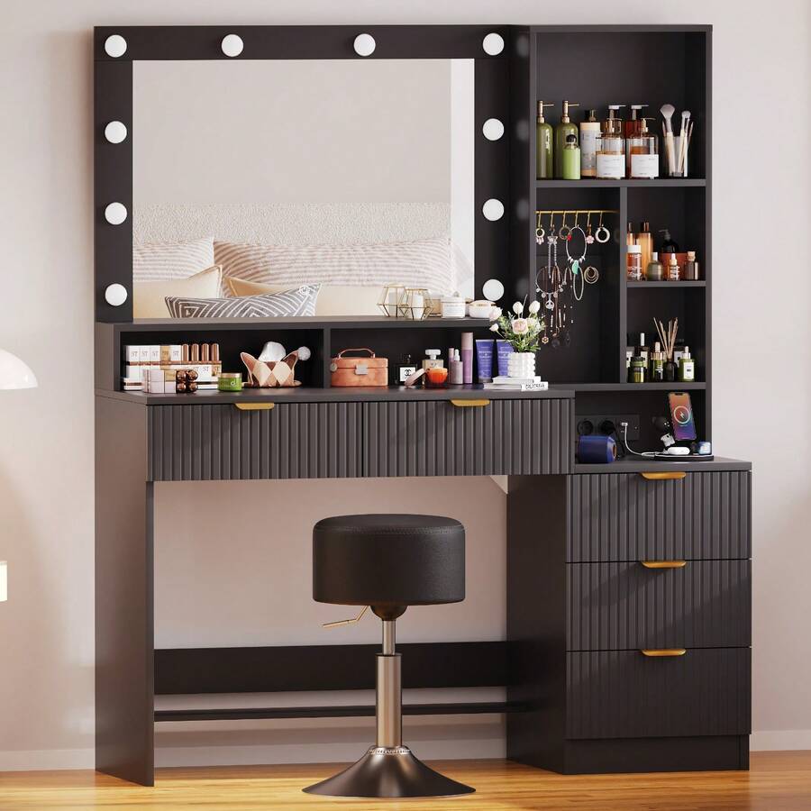 Devoko Modern Vanity Table With Mirror, LED Lighting With 3 Color Modes, 5 Drawers, Open Shelves, Jewelry Hooks And Integrated Power Outlet, Dressing Table For Bedroom, Black - View 1